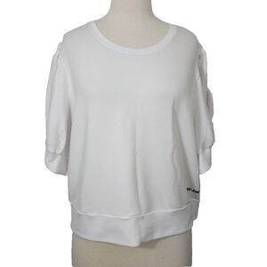 DKNY Cropped Sweatshirt Top Puff Sleeve Womens Size XL White Logo Comfy Soft